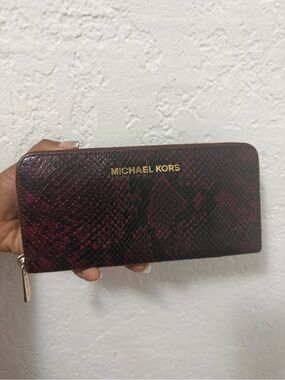 Michael Kors Red and Black Snake-Embossed Zip Wallet